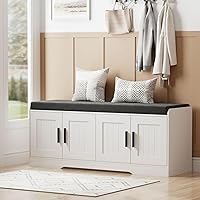 Homleke 2-Tier Shoe Storage Bench with Thick Padded Cushion, 4 Doors, Adjustable Shelf - White Entryway Bench 45.3"W x 18.5"H