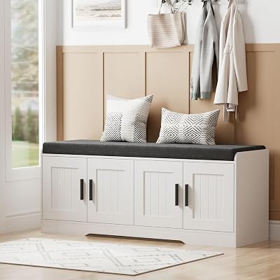 Homleke 2-Tier Storage Bench, Shoe Bench with Thickened Padded Seat Cushion, Entryway Bench with 4 Doors, Adjustable Shelf, 13.8" D x 45.3" W x 18.5" H, for Entryway, Living Room, Bedroom, White