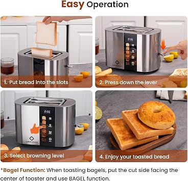 LINKChef 2 Slice Toaster, Extra-Wide 1.5 Slots, Touch Screen Control | Stainless Steel, Bagel/Defrost/Reheat Functions