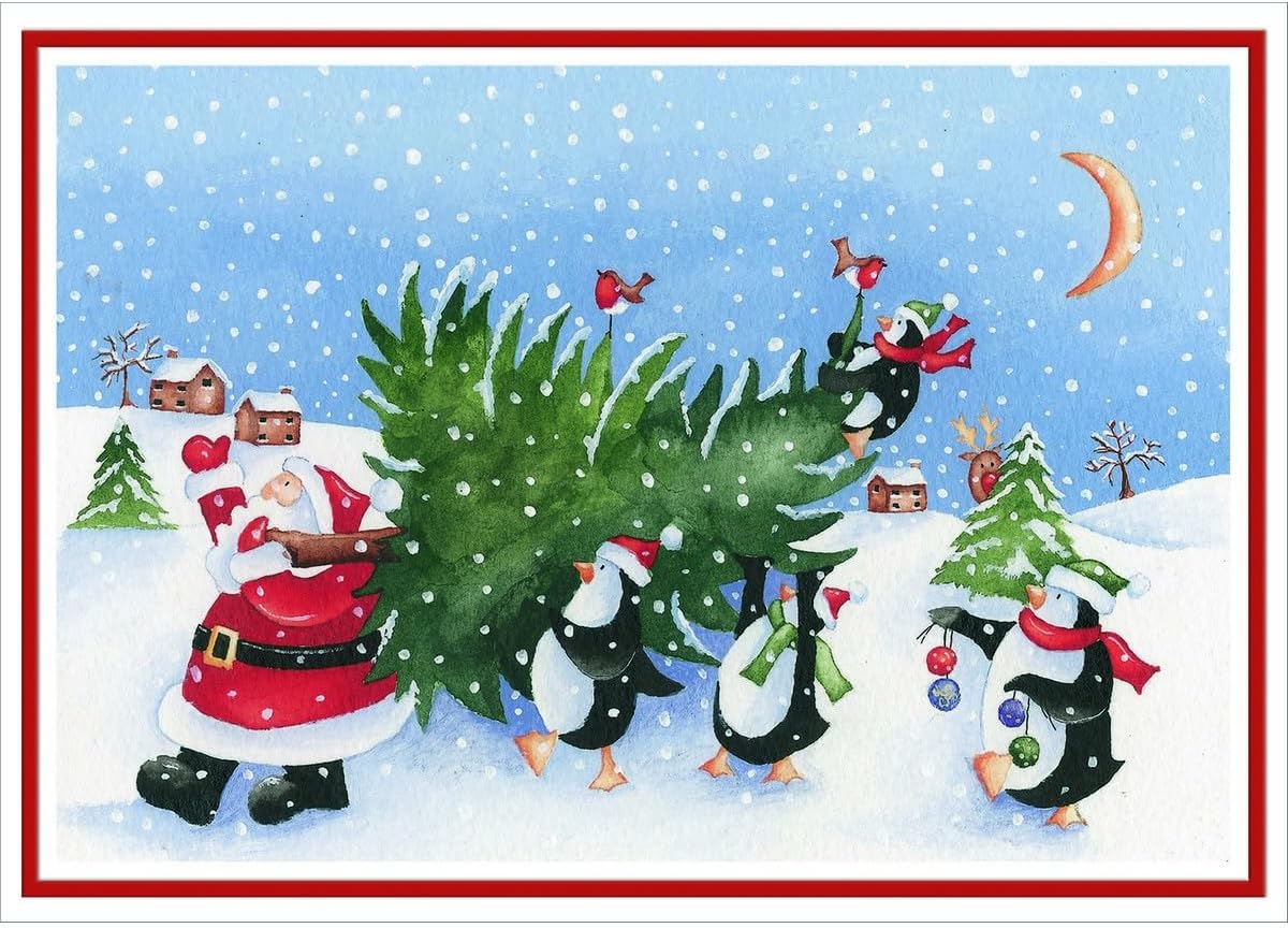 Designer Greetings Santa and Penguins Carrying Tree in Falling Snow Box of 15 Cute Christmas Cards