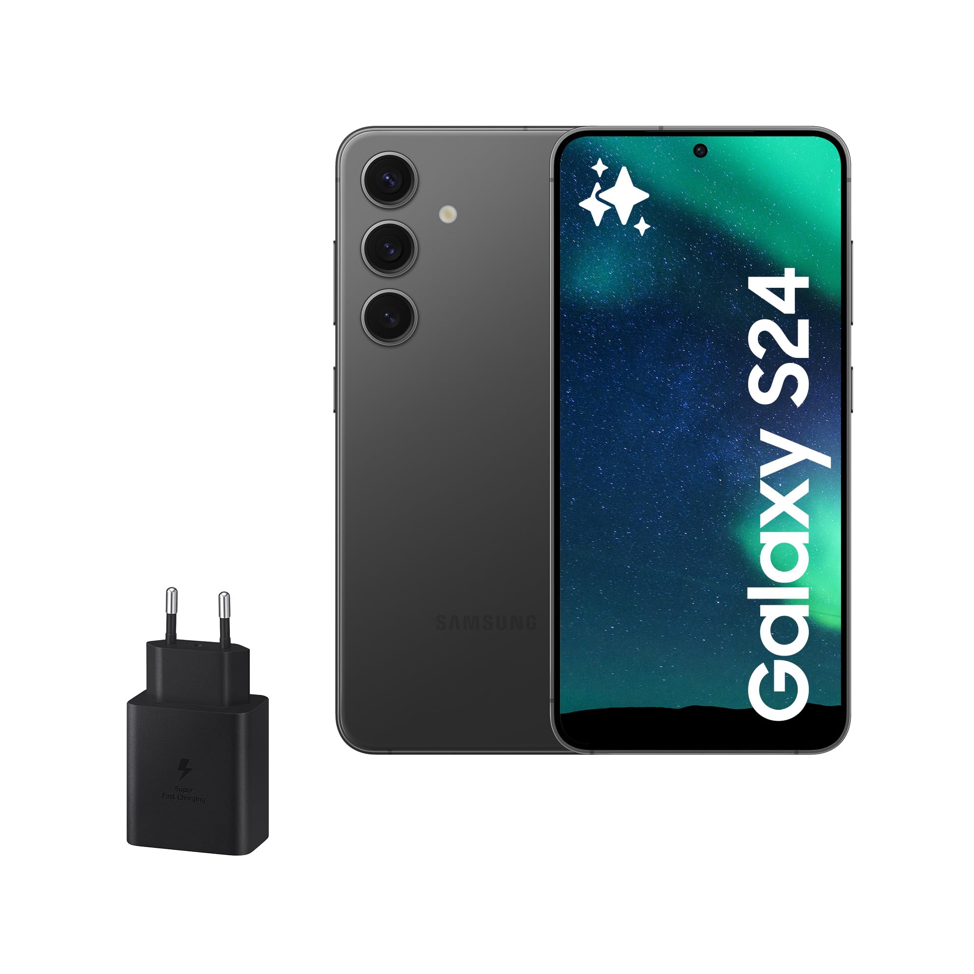 Samsung Galaxy S24 y Cargador 45W, Teléfono Móvil con IA, Smartphone Android, 8 GB RAM, 256 GB Almacenamiento, Cámara 50MP, Batería Larga Duración, Negro Onyx (Versión Española)