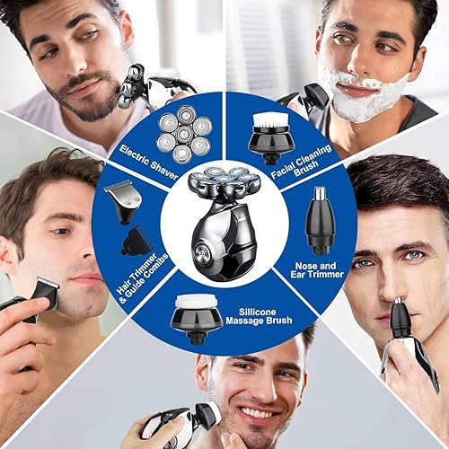 Miniatura 7 de Afeitadora eléctrica para hombres calvos, maquinilla de afeitar flotante 6 en 1 con pelo de nariz, recortadora de patillas, cepillo facial,