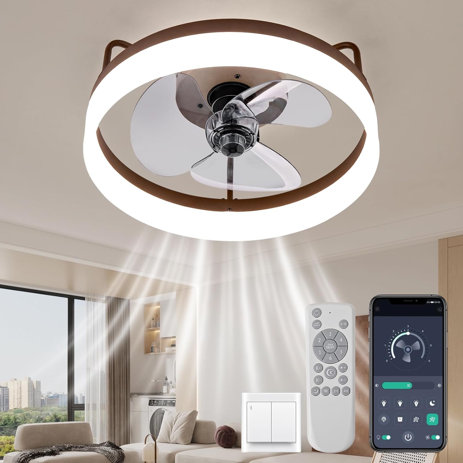 Ceiling Fans with Lights and Remote,Modern Low Profile Ceiling Fan with Light,for Dining Room Living Room,Adjustable Warm to Cool 3000K-6500K,Intelligent LED Fan Light,6 Speeds 3 Blades