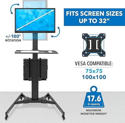 Miniatura 5 de Mount-It! Estación de trabajo móvil de escritorio con soporte para monitor para pantalla de hasta 32 pulgadas, carrito de computadora con ruedas,