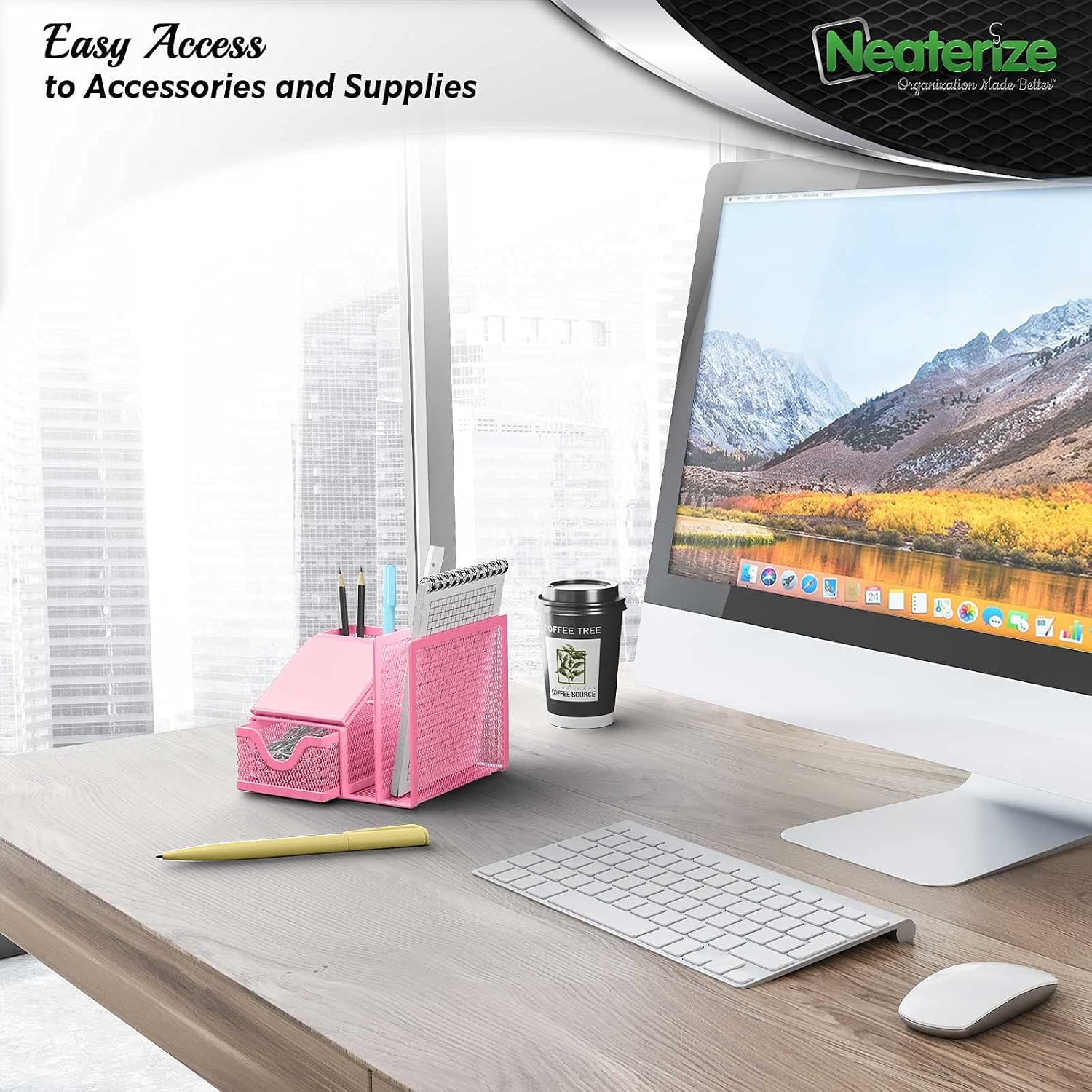 NEATERIZE Desk Organizer for Files - Sturdy Desktop Organizer for Home Office School College & Dorm - Office Supplies and Accessories Organization Caddy for Sticky Notes Pens & Pencils Holder - (Pink)