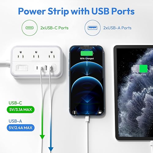 Vista 30 de Regleta protectora de sobretensiones de 10 pies, cable de extensión de enchufe plano con 6 tomas, 4 puertos USB, extensor de salida de cable largo