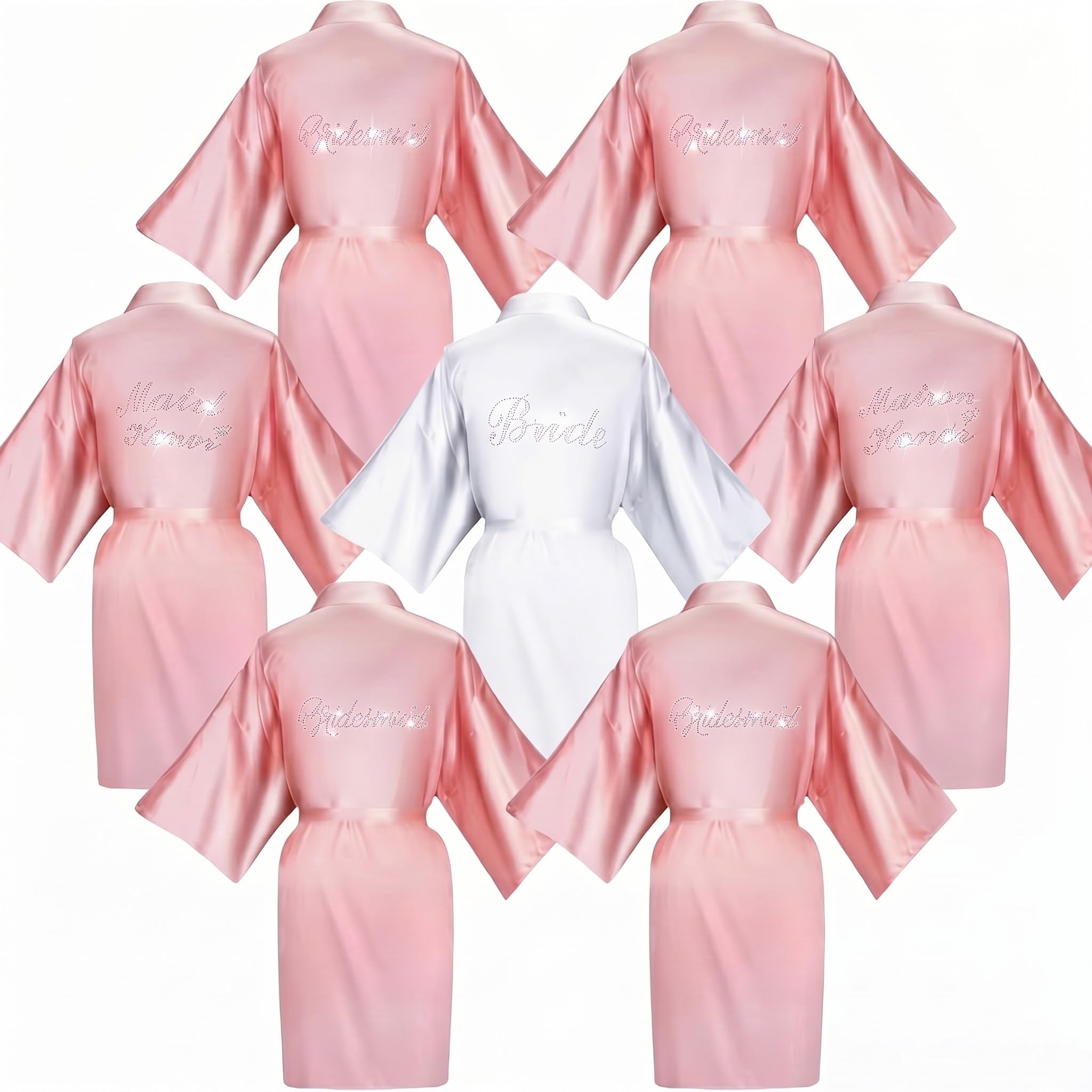 Lot de 7 peignoirs en satin pour demoiselle d'honneur - Pour fête de mariage, blanc/rose, taille unique