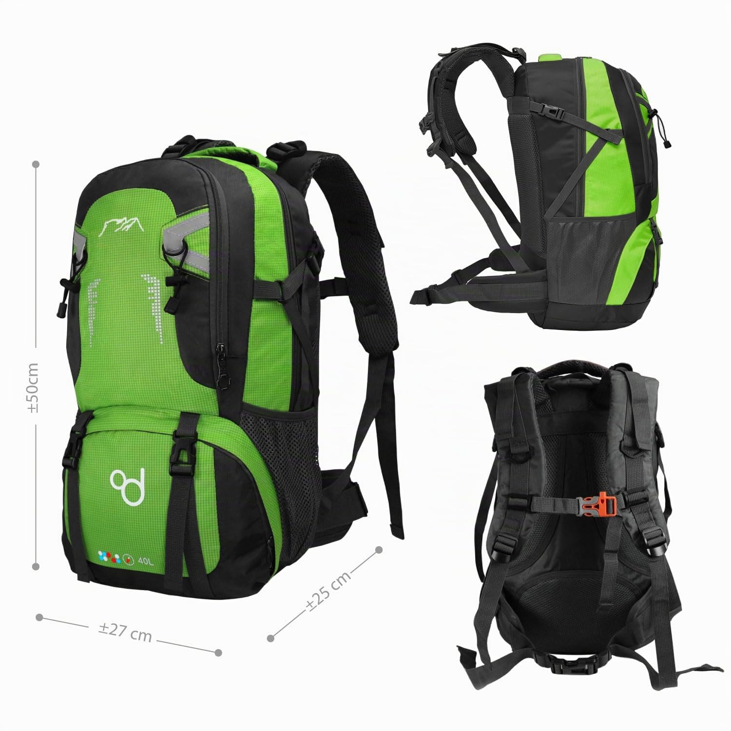 OcioDual Mochila Senderismo 40 Litros, Mochila Trekking, Montaña y Camino de Santiago, Multifuncional, Ligera, Mochilas Hombre para Camping, Acampada, Marcha Nórdica, Supervivencia, Verde
