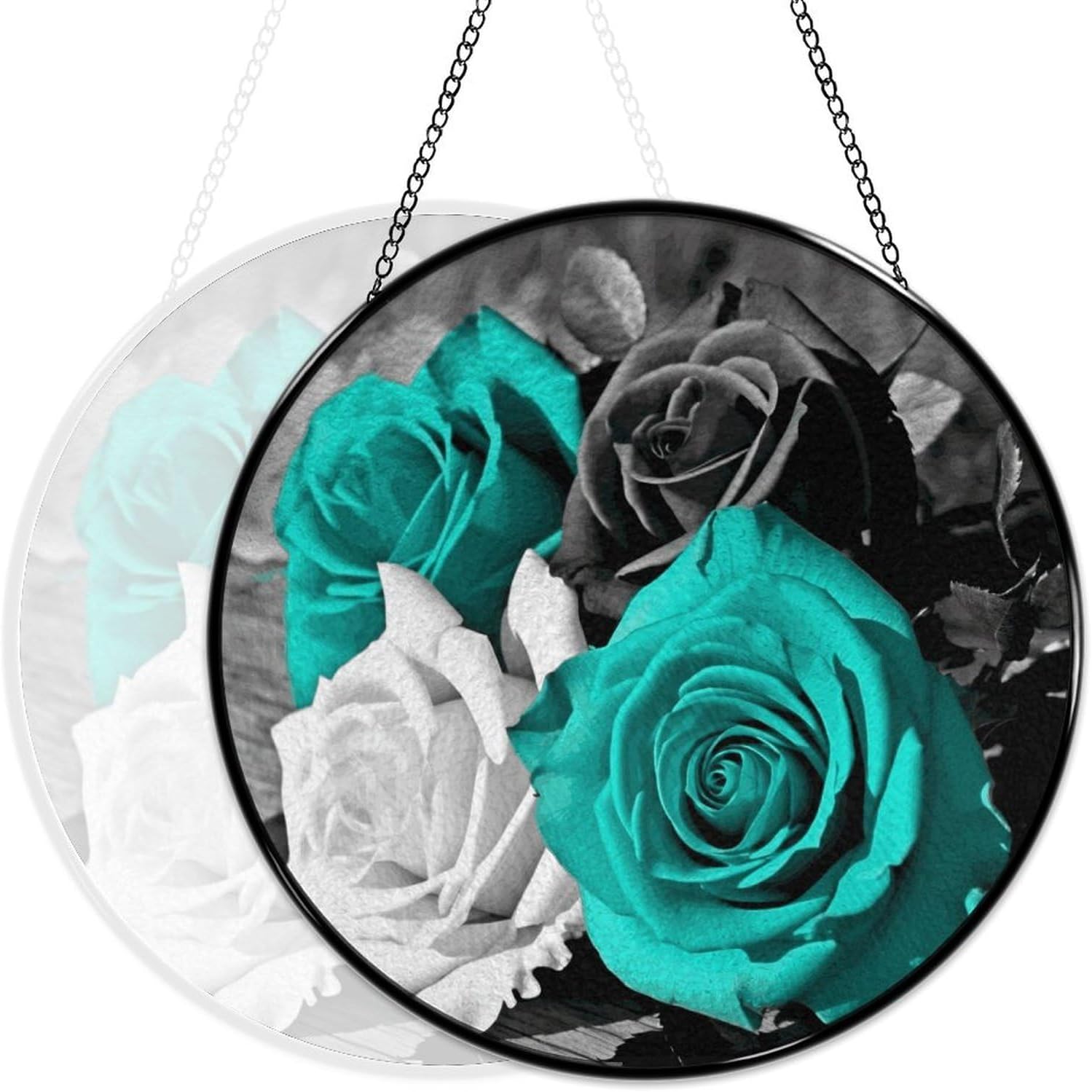 Stained Glass Hanging Sign Suncatcher, Teal Gray Rose