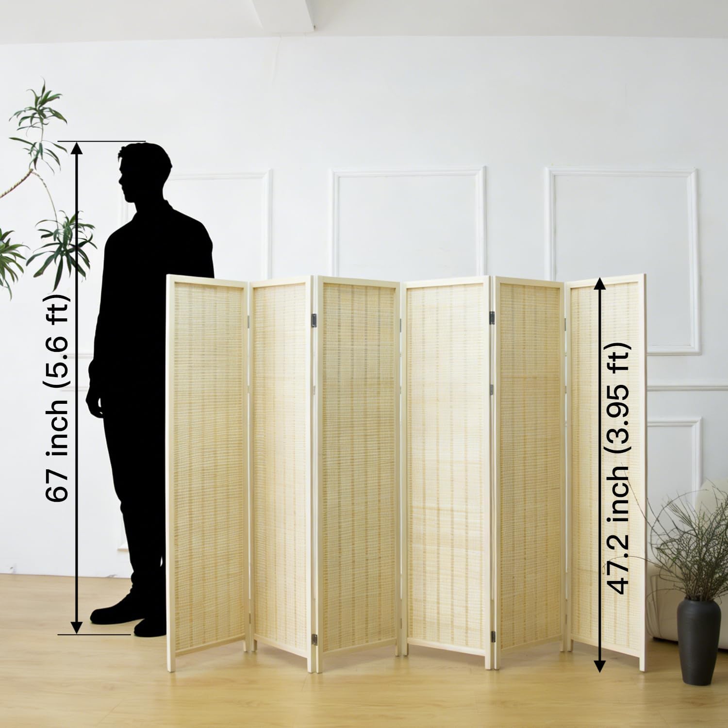 Furnnylane 6 Panel Short Room Divider Screen,Beige Freestanding Partition,Small Bamboo Panel Divider for Room Seperation,3.95 FT Tall Beige 6 Panel