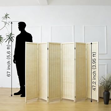 Furnnylane 6 Panel Bamboo Room Divider Short Folding Screen Divider,Double Sided Bamboo Panel Divider for Room Separation,Beige,120 cm H x 234 cm W
