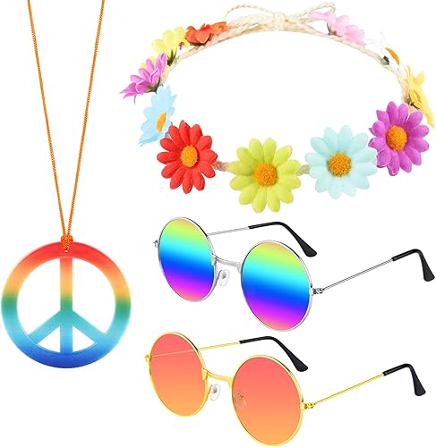 CHRORINE Conjunto de disfraz de hippie, gafas de sol hippie, signo de paz para decoraciones de fiesta