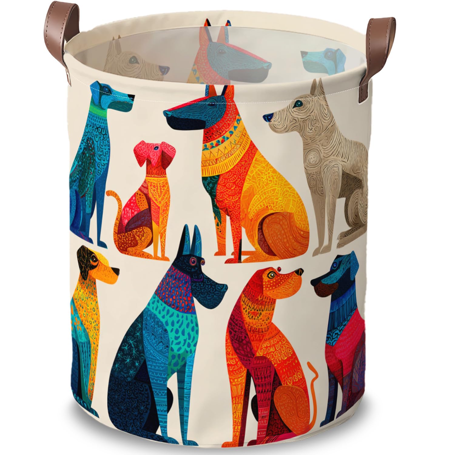 Colorful Dog Laundry Basket, Folk Art Pet Hamper, 15.75x19.7in