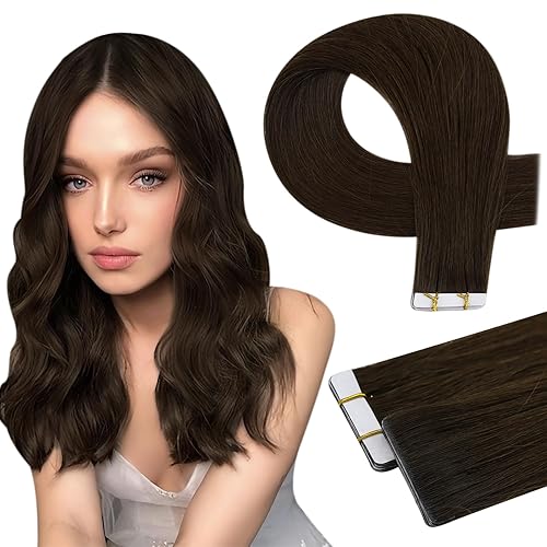Full Shine Cinta de inyección virgen en extensiones de cabello de 14 pulgadas, color marrón oscuro, extensiones de cinta virgen de 0.71 oz, 10
