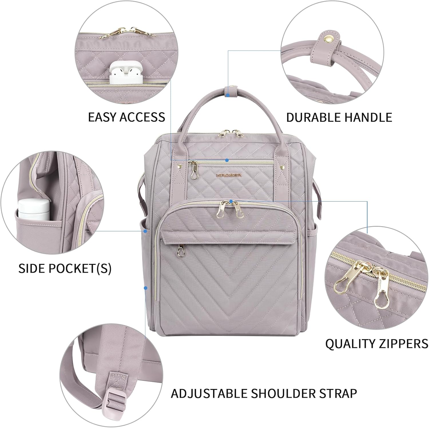 KROSER Laptop Backpack 17" Stylish Backpack Water Repellent College Casual Daypack Travel Business Work Bag for Men/Women-Quilted Dusty Pink