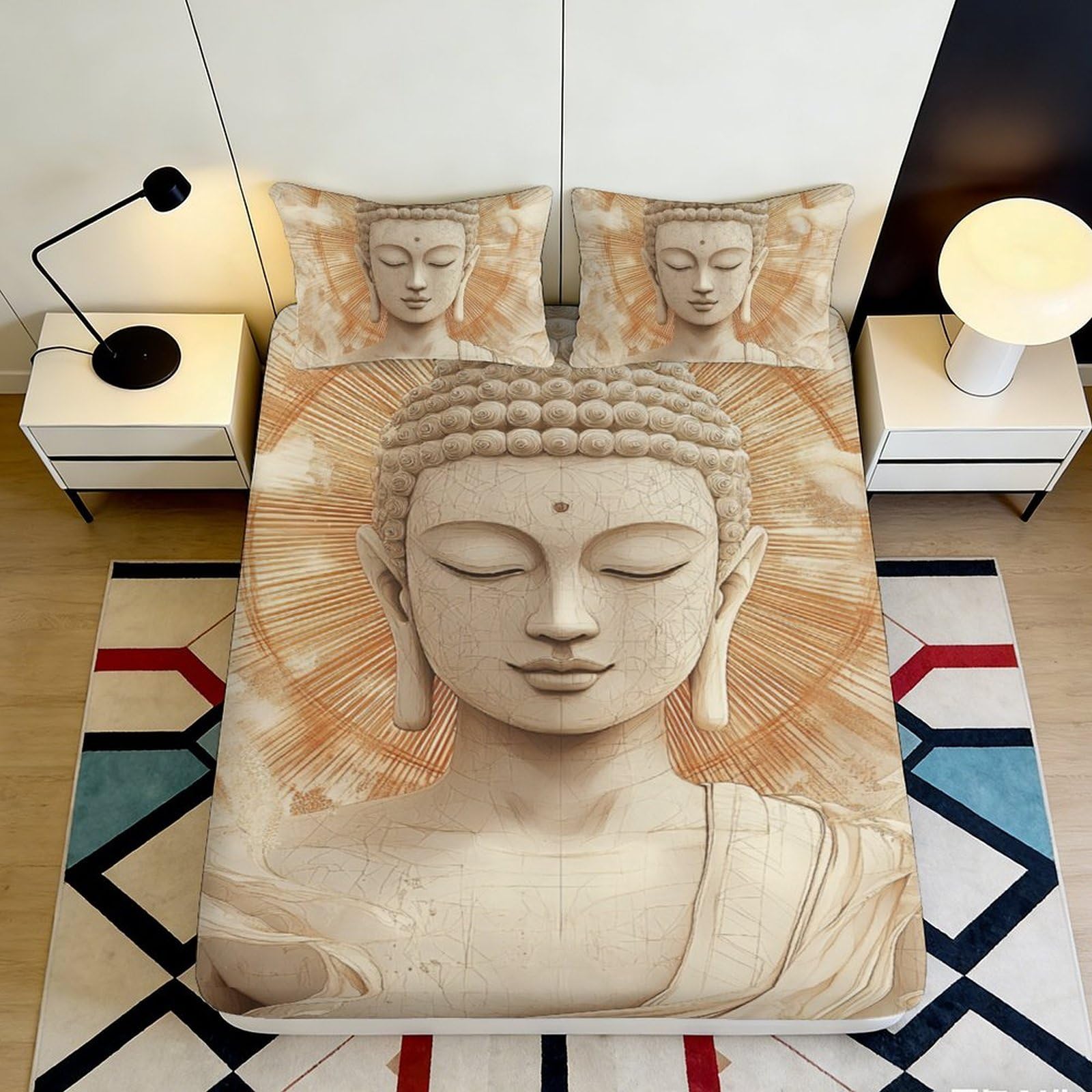 Pnayamiorkfel Style-10 3D Printed Buddha Statue Fitted Sheet Microfiber Soft Beige Zen Mattress Cover For Bedroom Guest Room Decor 90X200x25cm