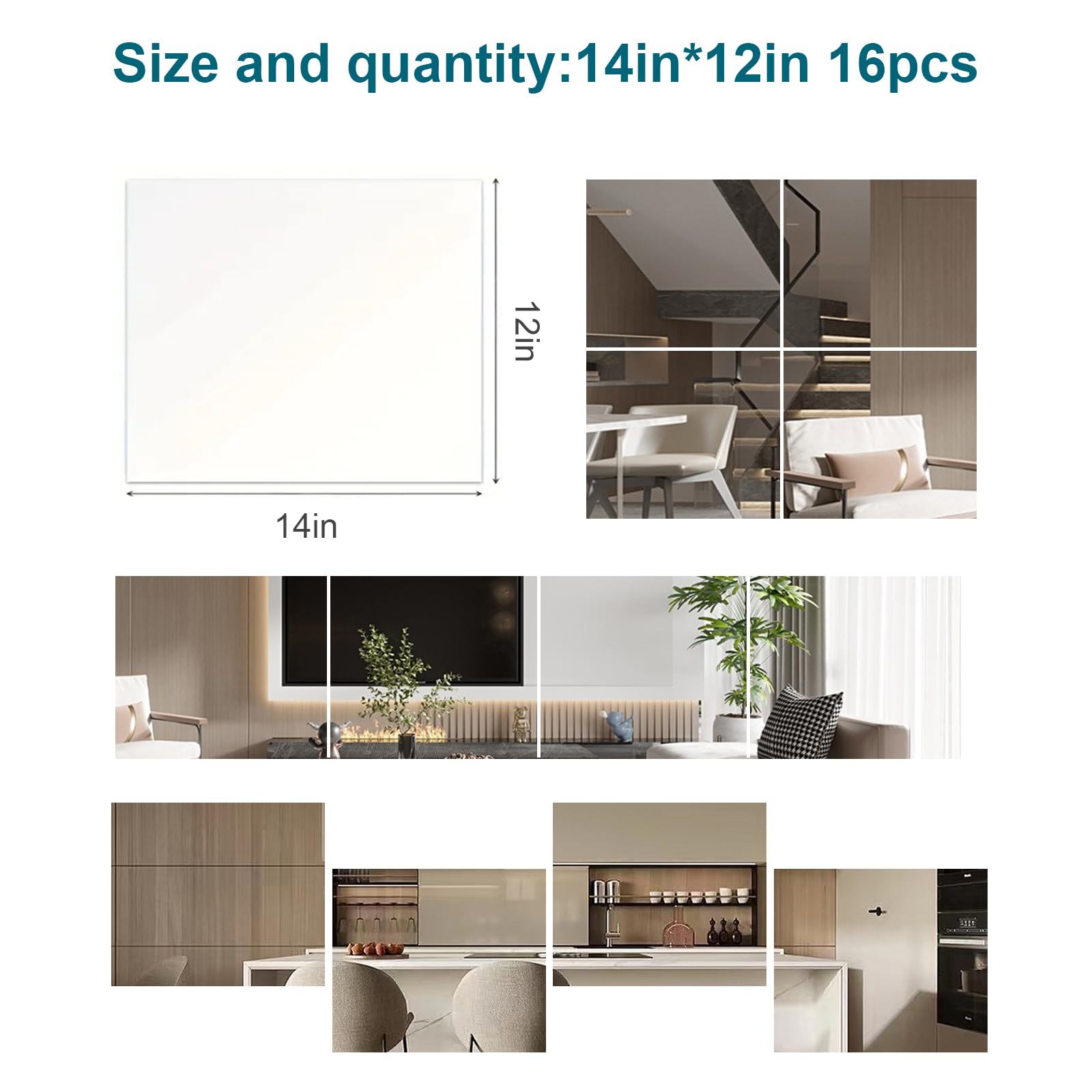 16 azulejos de espejo de pared acrílicos irrompibles de 14 x 12 pulgadas, calcomanías de espejo inastillables para pared, espejos de gimnasio para gimnasio en casa, espejo de cuerpo