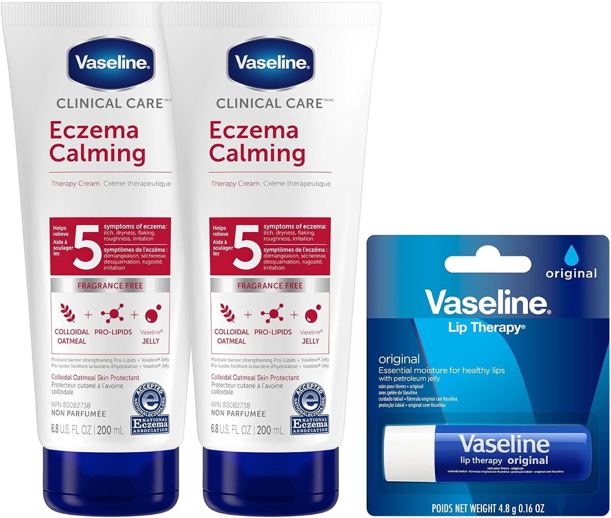 Loción para eczema de vaselina, crema de terapia calmante, paquete de 2 con avena coloidal + terapia de labios de vaselina original para labios secos con vaselina (juego de 3 piezas)