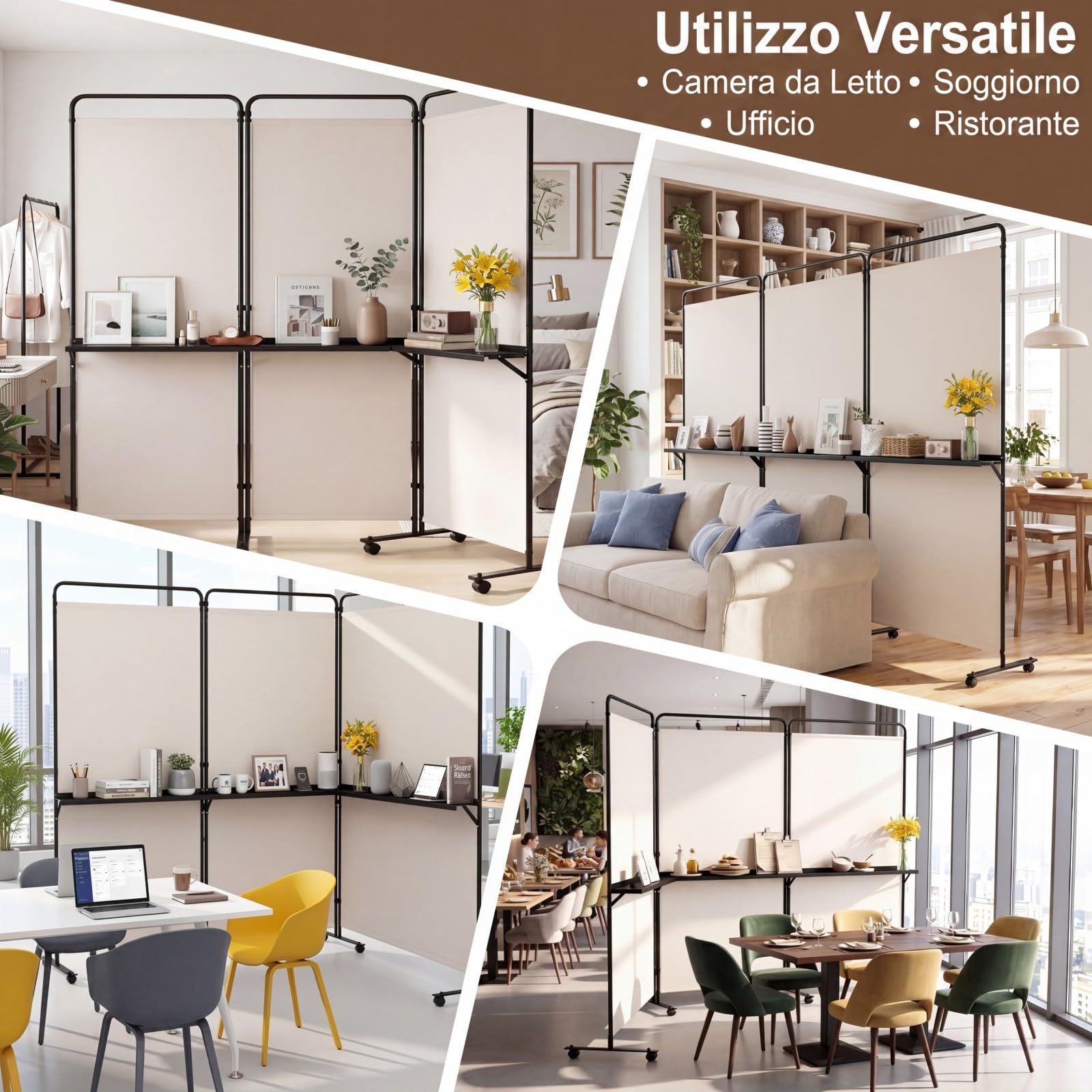 COSTWAY Paravento Interno 3 Ante con 8 Ruote Bloccabili e Ripiani (Bianco) | Separe Divisorio Pieghevole con Scaffale Portaoggetti, Tessuto Resistente e Opaco per Salotto, Camera da Letto e Ufficio