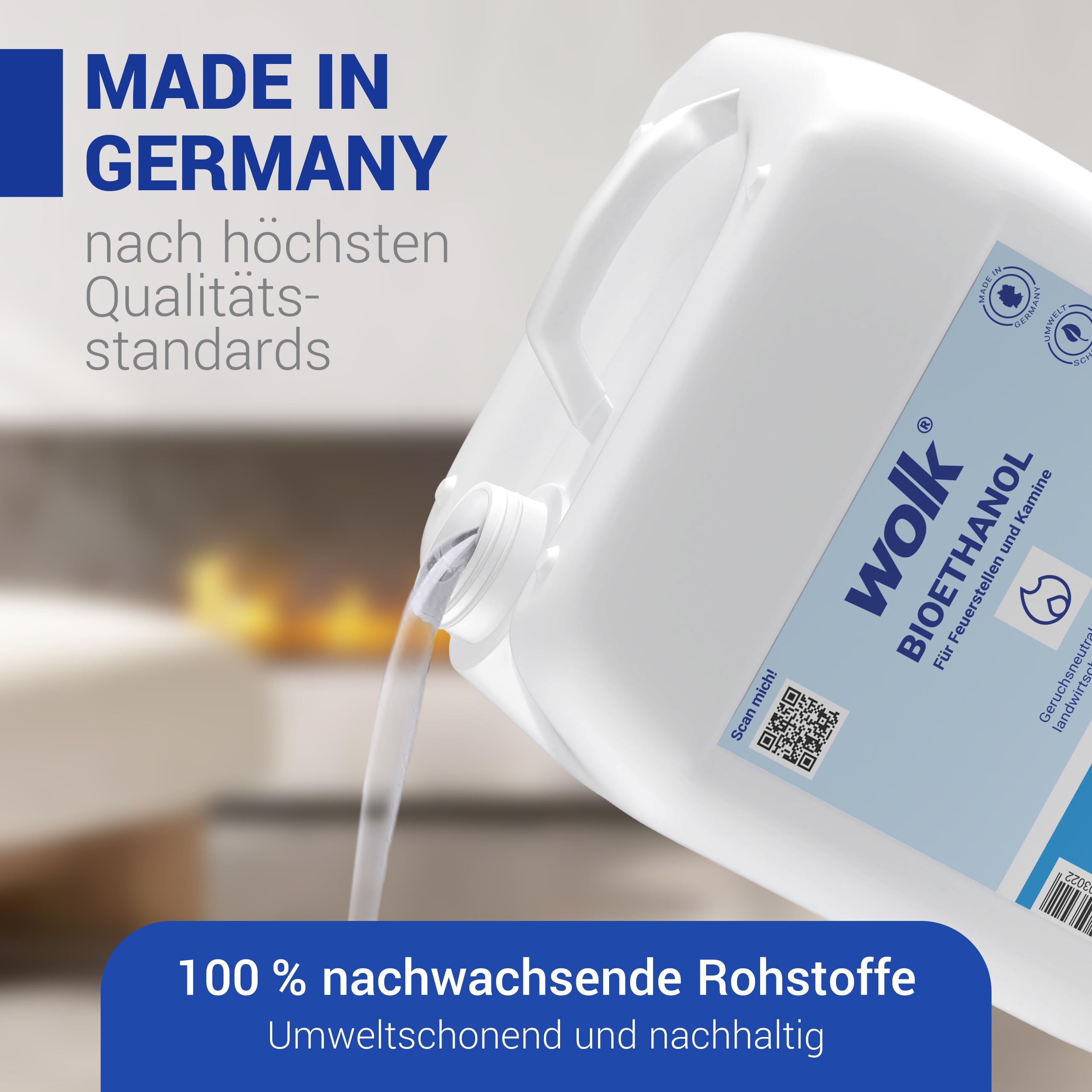 wolk Bioethanol 5L – Ethanol Kamin Brennstoff, Rußfrei & Geruchsneutral | Bio Ethanol 94% vol. aus nachwachsenden Rohstoffen Indoor & Außenbereich