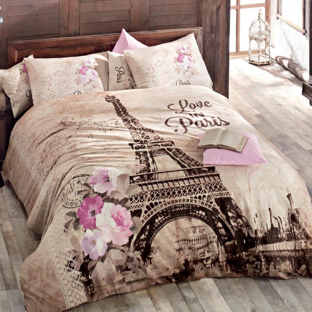 100% Turkish Cotton Ranforce Paris Eiffel Tower Theme Themed Full Double Queen Size Quilt Duvet Cover Set Bedding - 4 Pcs
