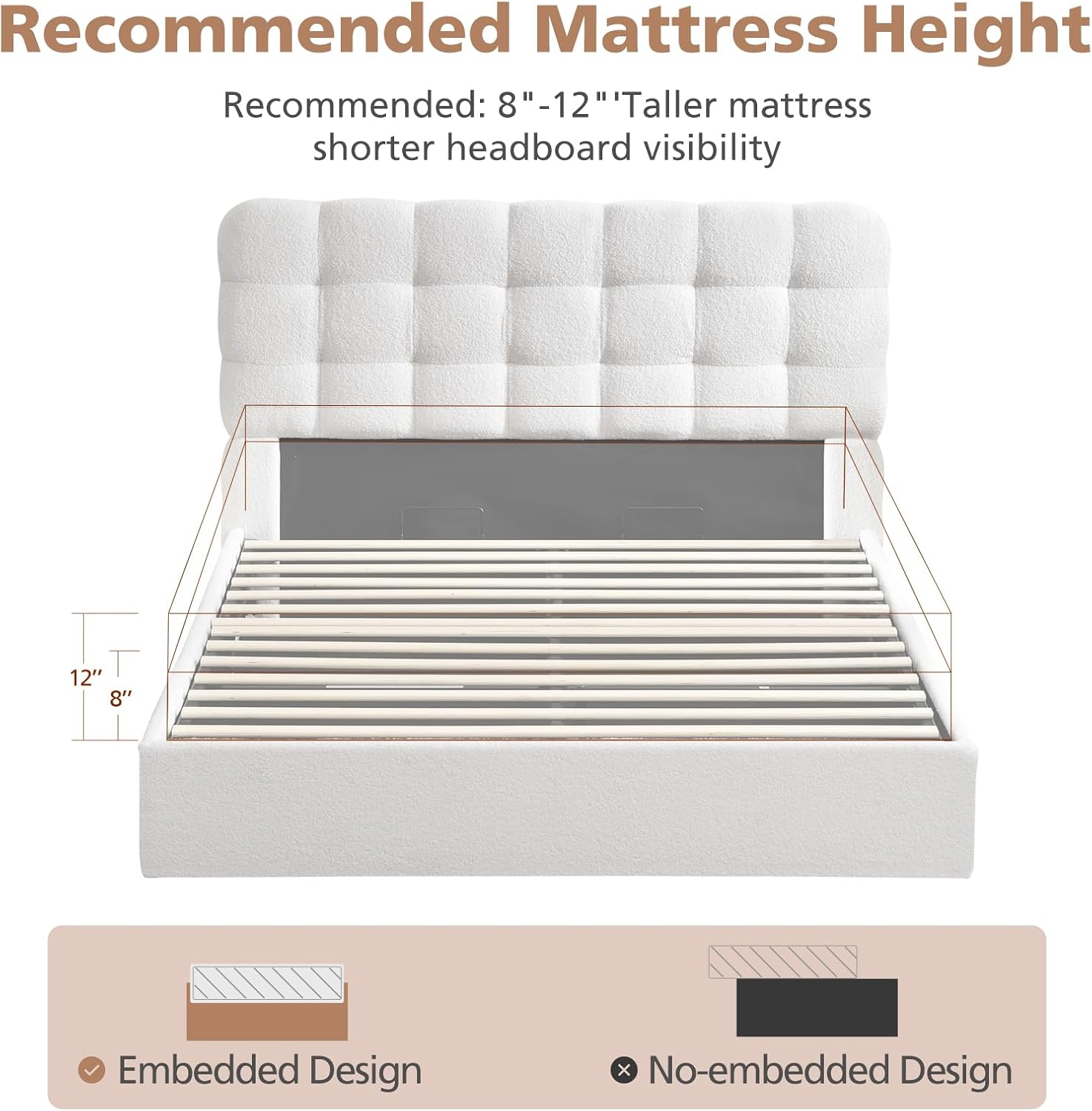 VELOCAVA Queen Size Lift-Up Storage Bed, Upholstered Platform Bed with Soft Tufted Headboard, Bouclé-Textured Fabric, No Box Spring Needed, Cream White