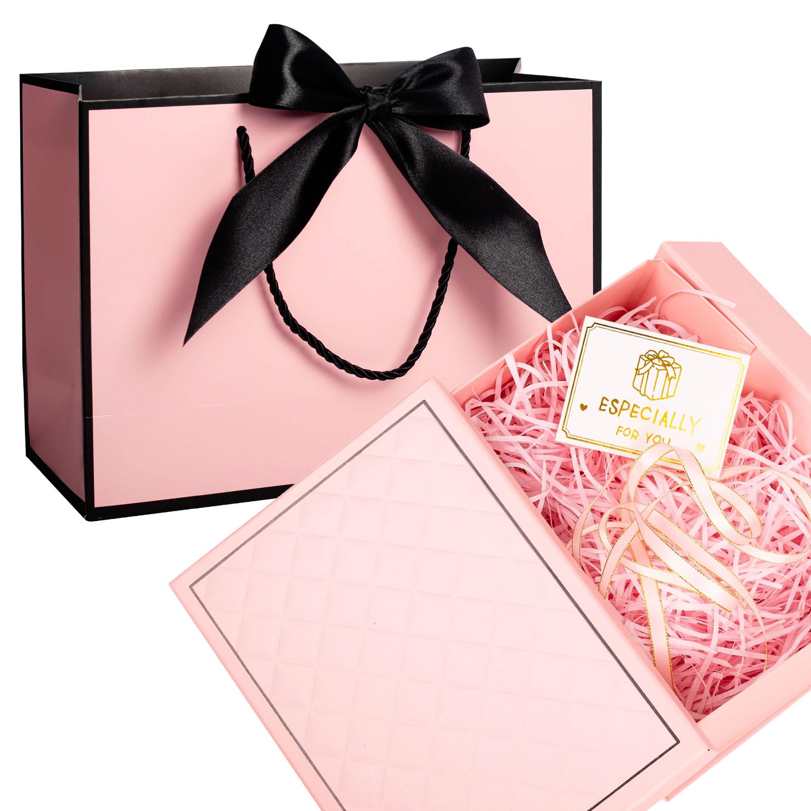 Medium Gift Box for Presents, Pink Gift Boxes with Lids, Luxury Gifts Box Set Include Ribbon Gifts Bag, Greeting Card, Tissue Paper and Raffia Filler, Foldable Present Boxes for Men Women