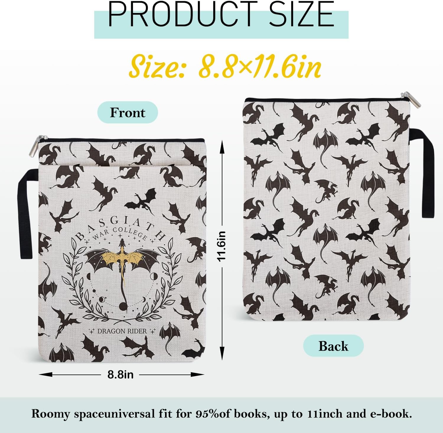 Fourth Wings Inspired Book Sleeve for Book Lovers, Dark Academia Dragons Paperback Sleeve for Librarian Bookish Group Club Gifts for Women, Book Cover with Zipper and Handle for Paperbacks 9x12 Inch - Image 2