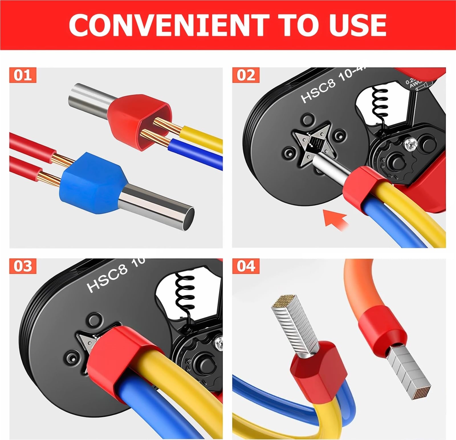 Narzędzia do zaciskania zacisków z tuleją, mini szczypce elektryczne HSC8 10-4 (0,25-10 mm²/AWG 23-7), zacisk do naprawy połączeń kablowych (HSC8 10-4A 1200 PCS)