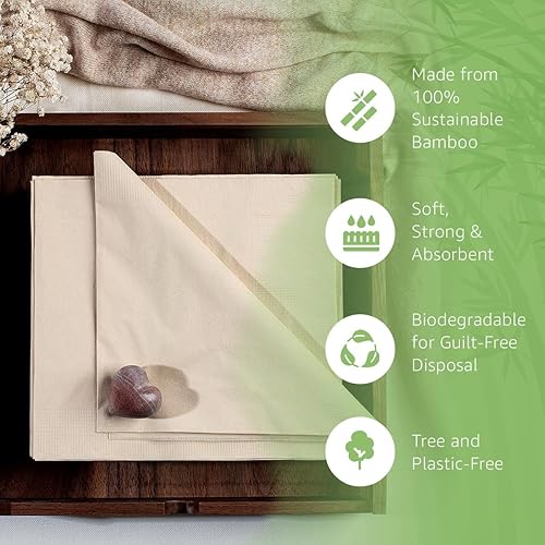 Miniatura 2 de Servilletas compostables 100% bambú (paquete de 200)  Servilletas resistentes para almuerzo, cena, eventos, ocasiones y entretenimiento, ecológicas,