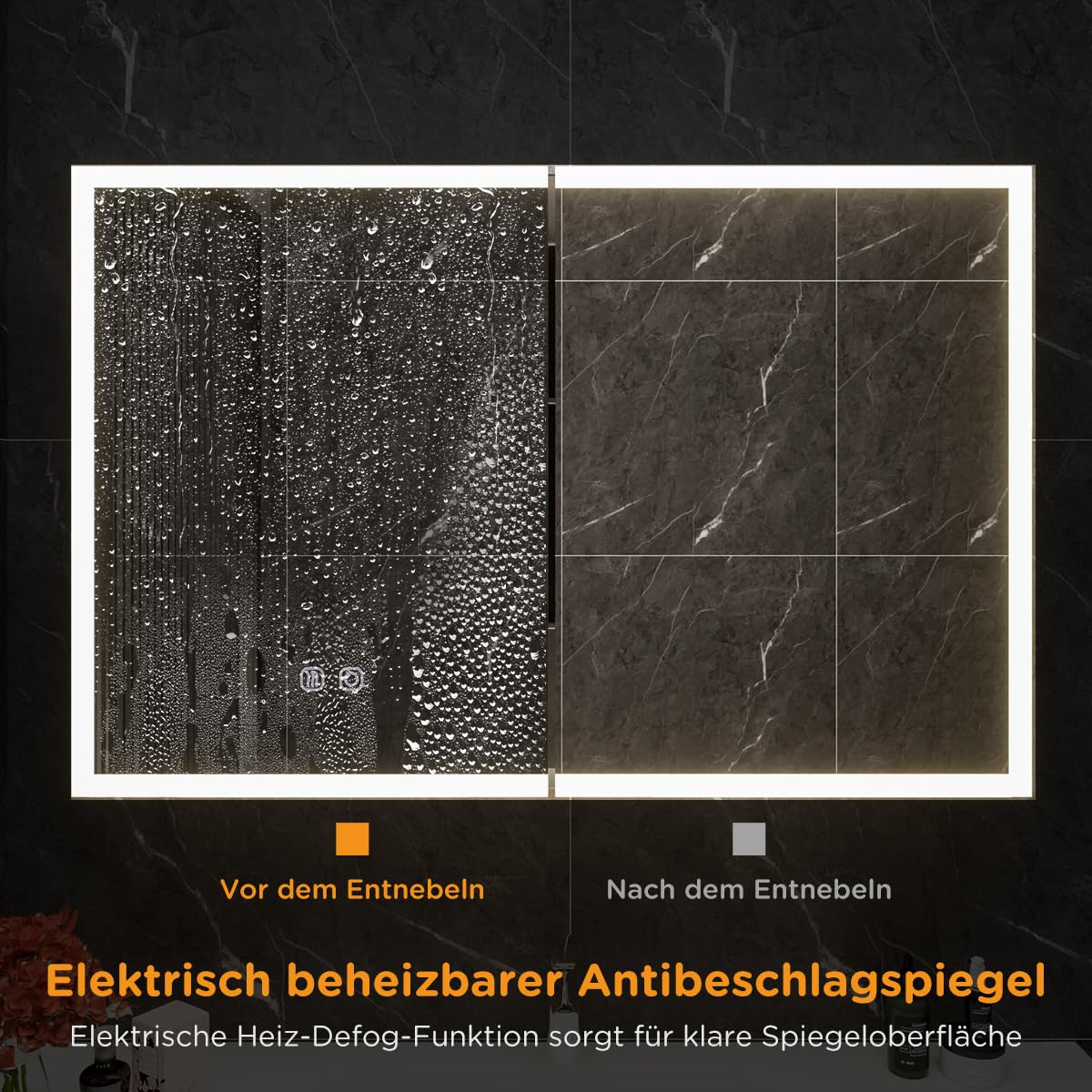 Spiegelschrank Bad mit Beleuchtung 80x60 – LED Badspiegel mit Ablage, Steckdose, Antibeschlag, Touch-Schalter – Wandmontage für modernes Badezimmer