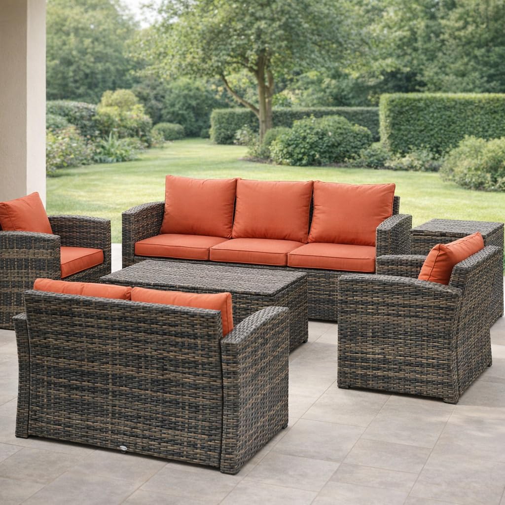 Salotto da Giardino Esterno Set Mobili 2 Divani 2 Poltrone e Tavolino con Cuscini in Rattan Pe Marrone Arancione