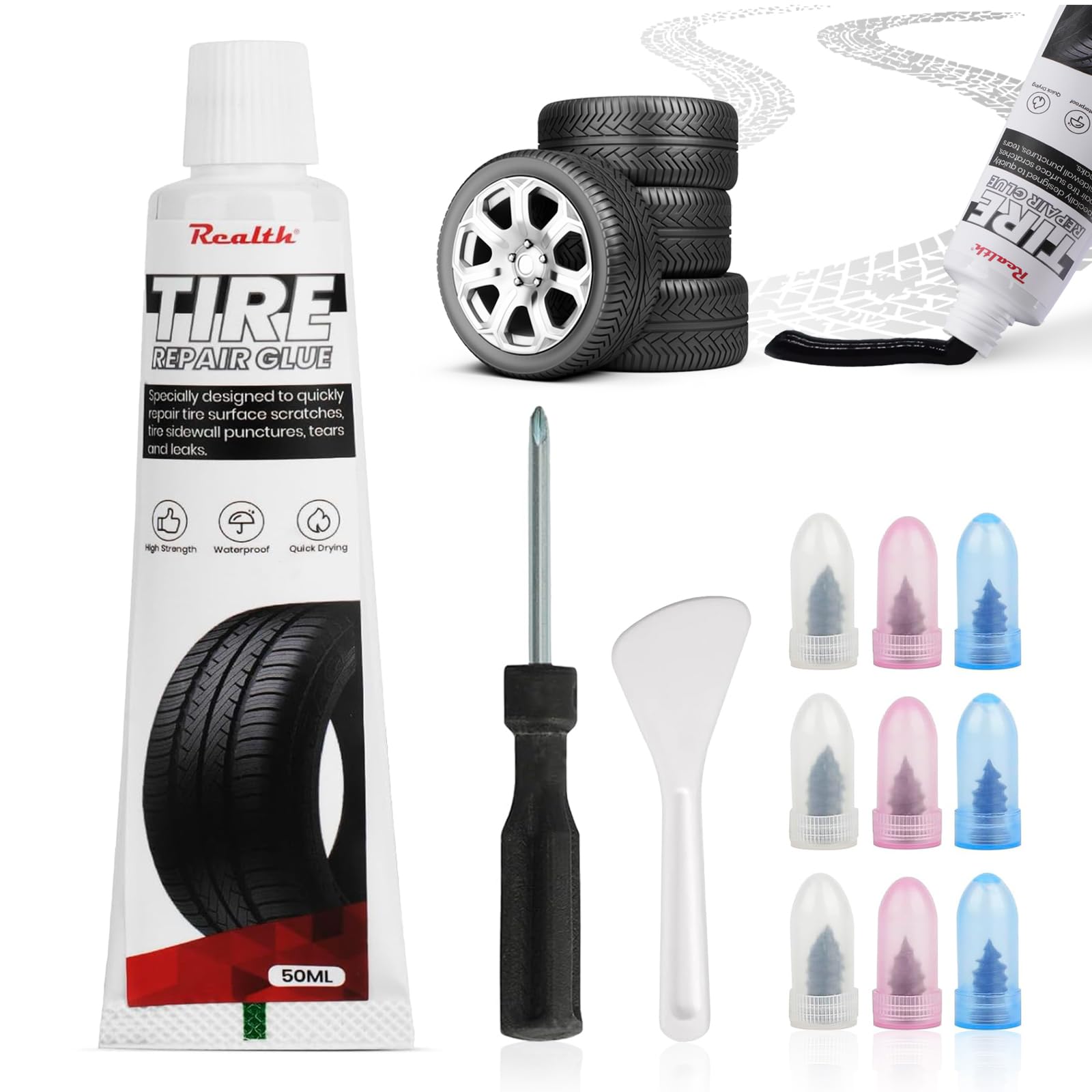 Realth Kit di Riparazione Pneumatici 50ml Ripara Crepe Buchi Auto Bicicletta Moto