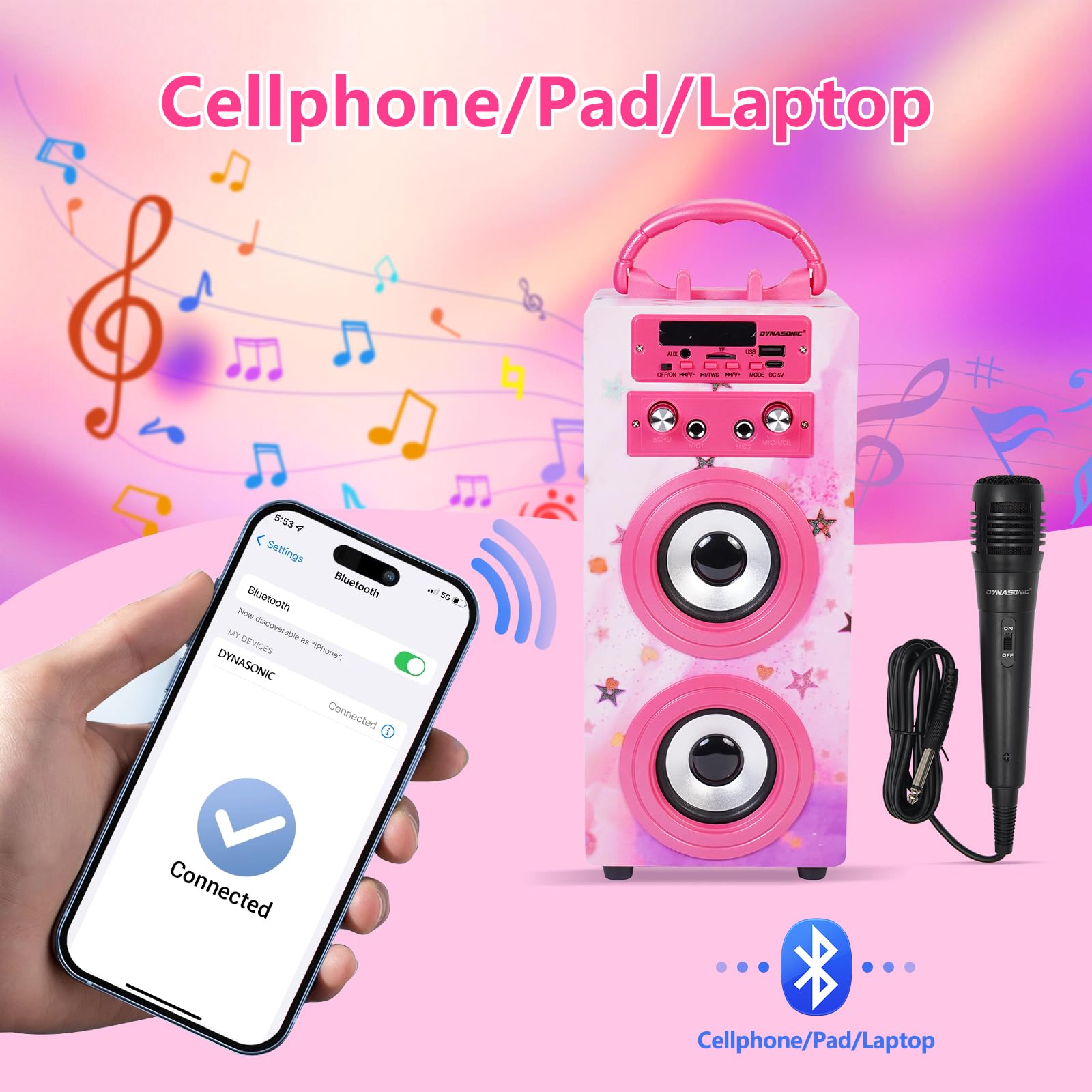 DYNASONIC Przenośna maszyna do karaoke, 2 mikrofony, głośnik Bluetooth, światła, czytnik USB i SD, prezent dla dzieci w wieku 5-13 lat (025-15 LIGHTS)