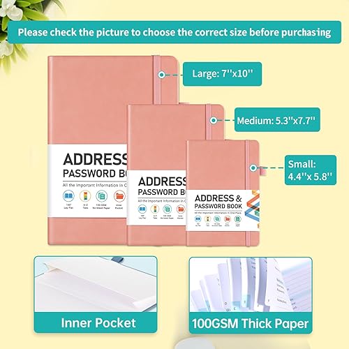 Miniatura 2 de Libreta de direcciones, libreta de direcciones y contraseñas con pestañas alfabéticas, organizador de direcciones de tapa dura con bolsillo, páginas