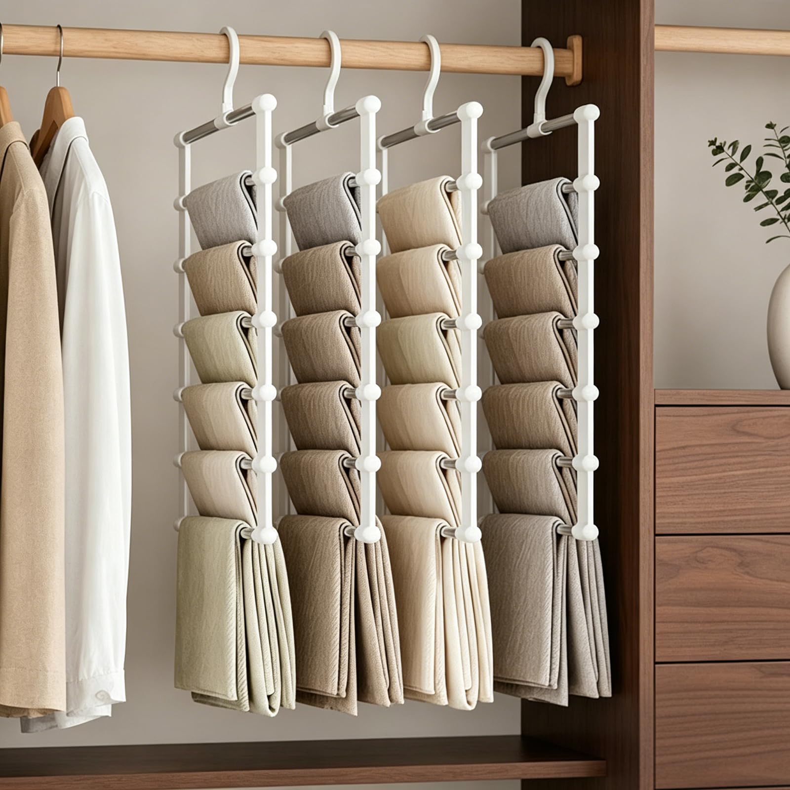 4 Pcs Multi Layer Trouser Hangers, 360° Rotatable Swivel Hook Space Saving Clothes Hanger, Heavy Duty Wardrobe Storage Organizer for Jeans Skirts Ties Scarves Towels (White)
