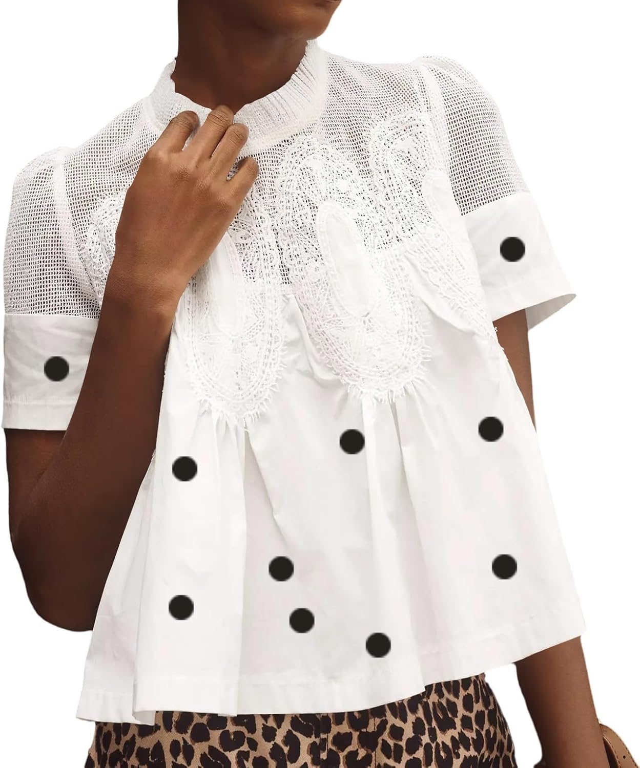 Women Swing Lace Blouse Summer Mock Neck Puff Short Sleeve Mesh Tops See Through A-Line Pleated Shirts Babydoll Top