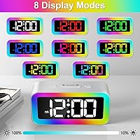 Vista 4 de Reloj despertador LED digital de luz nocturna colorida con alarma doble súper fuerte, modo de días laborables, repetición, atenuador, puerto