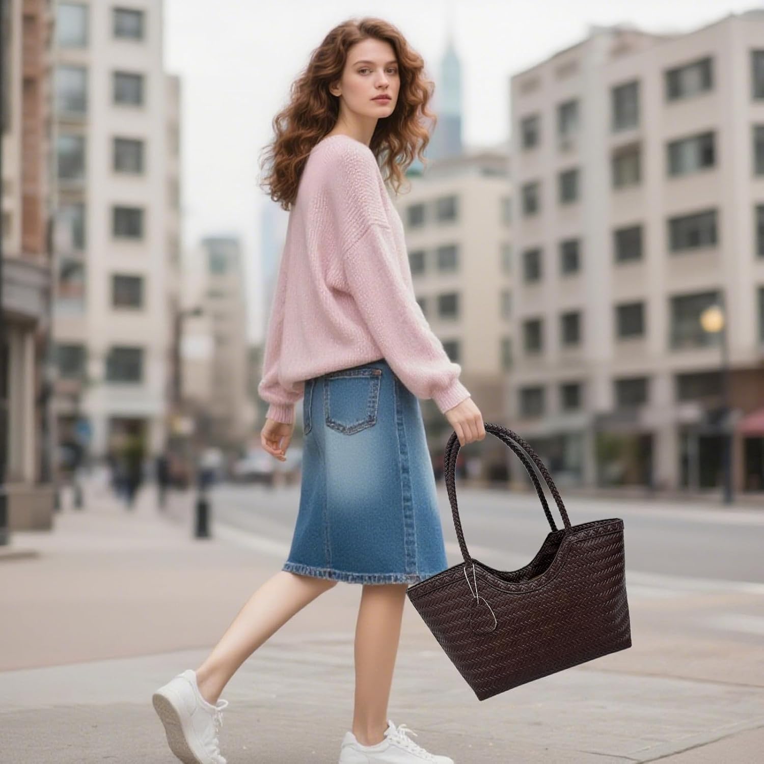 Woven Leather Tote Bag with Inner Pouch, Large Capacity Shoulder Bag for Daily Use, Shopping, Travel – Chic Brown Design(Coffee) - Image 7