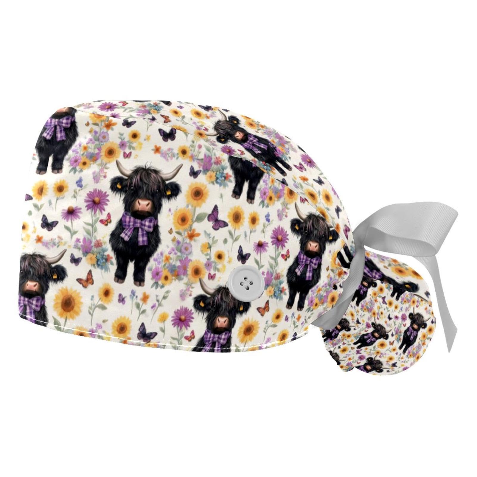 2 PCS Bouffant Cap with Button Ponytail Pouch Working Cap Sweatband Adjustable Surgical Cap Black and White Cow