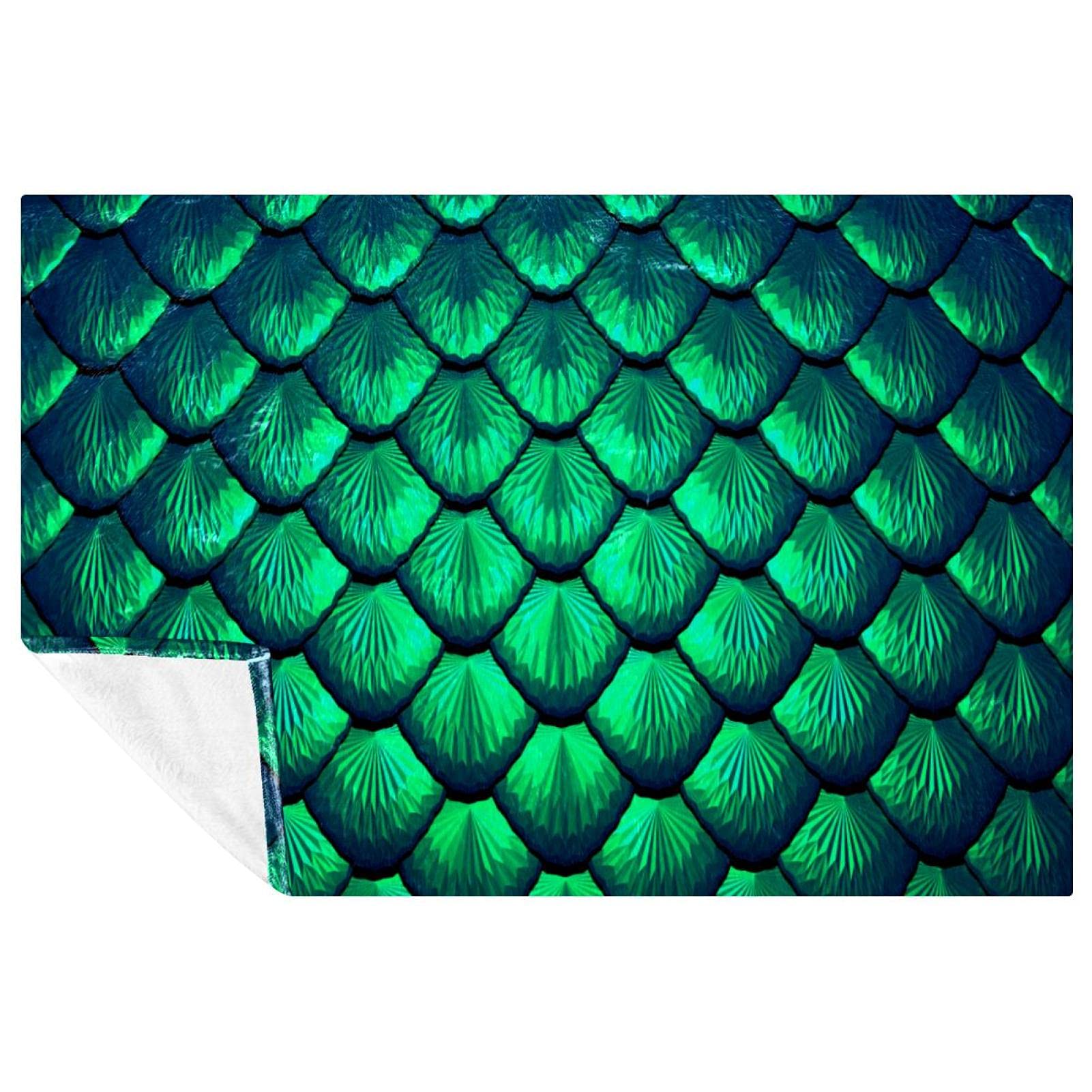 Couverture lit canapé camping plage motif écailles vertes