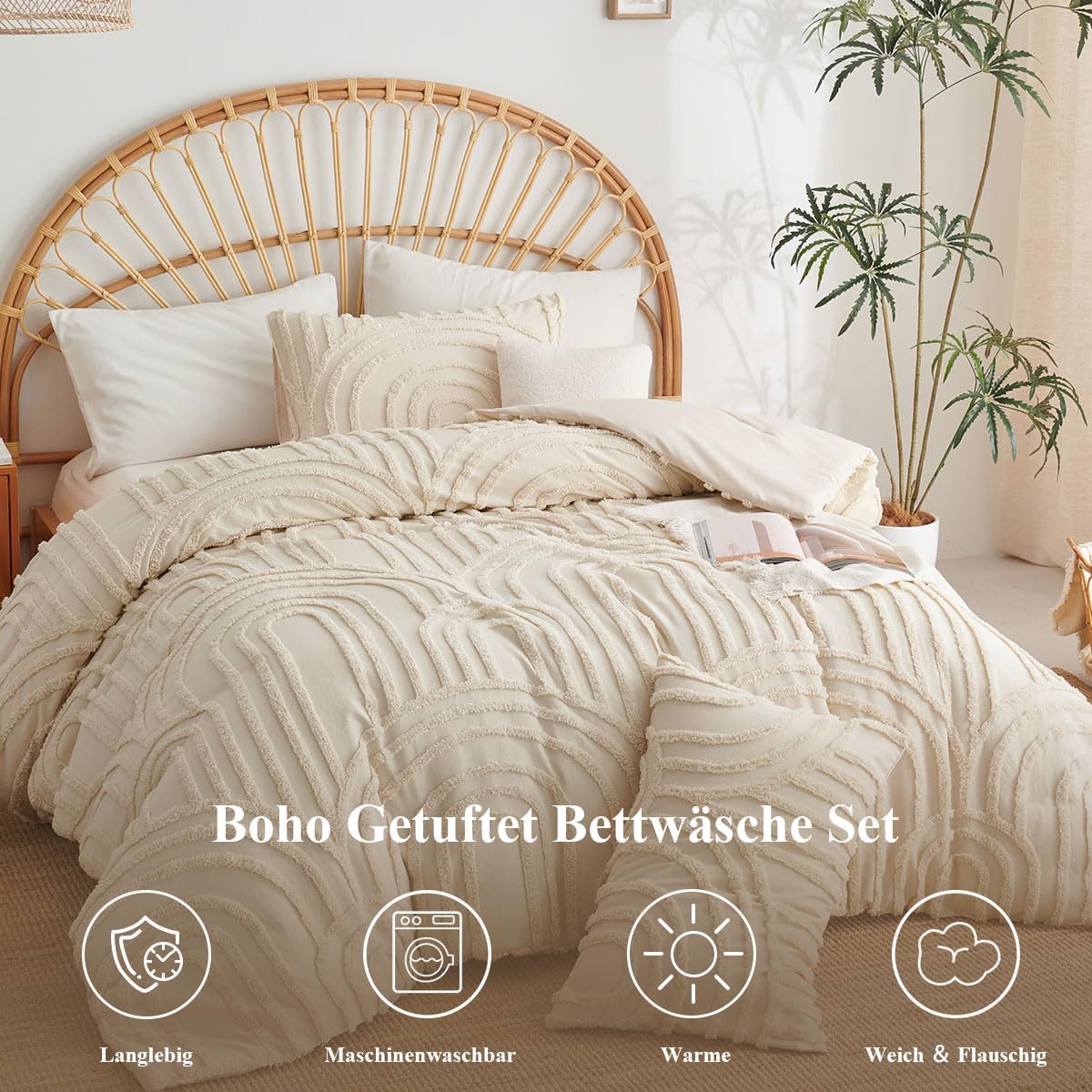Lanqinglv Boho Bettwäsche 220x240 Beige Getuftet Exquisite Stickerei | ÖKO-TEX Zertifiziert,Geometrisch Chic,für Allergiker,Aesthetic Bettbezug mit Reißverschluss und 2 Kissenbezug 80x80 cm