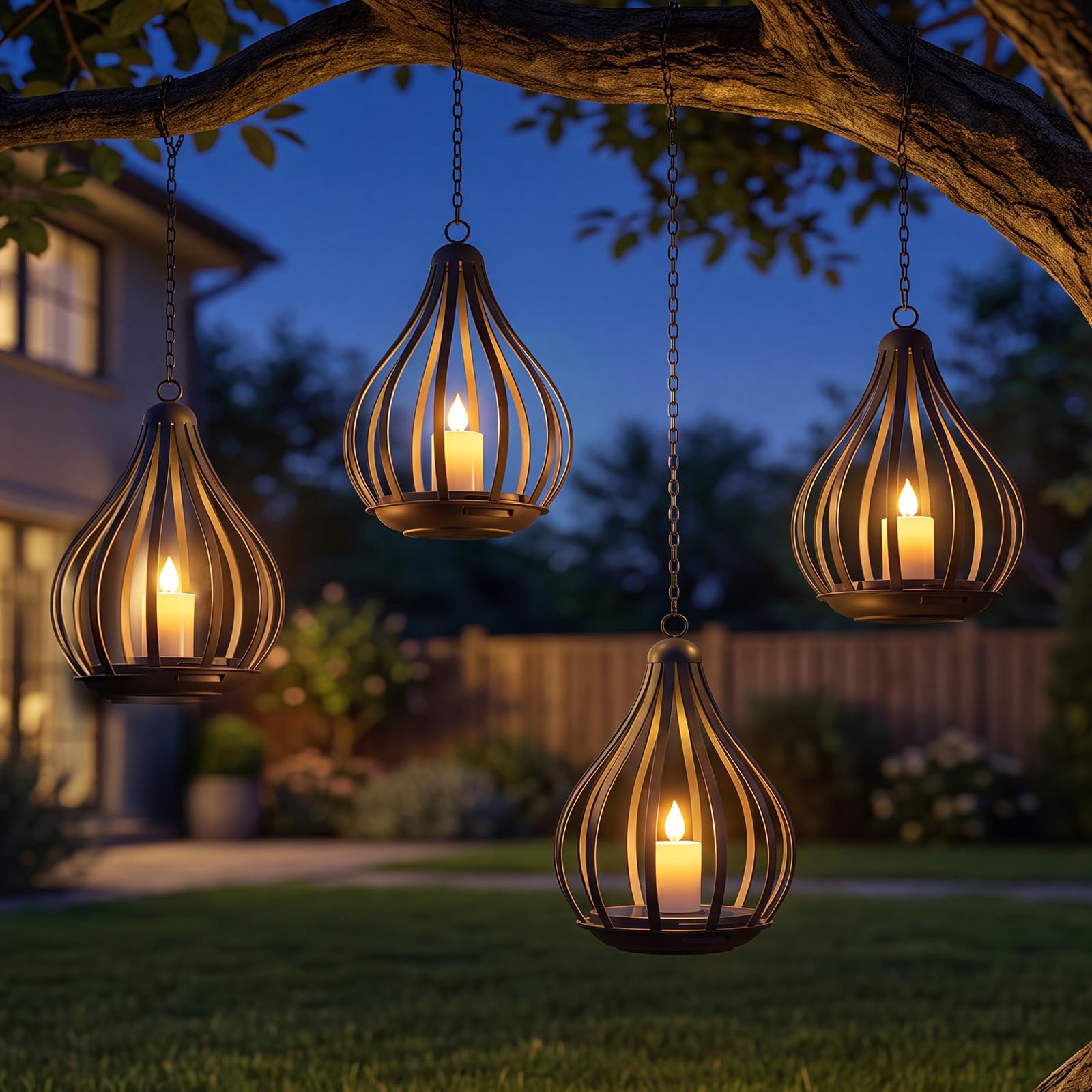 Solarlampen für Außen Hängend, 4er Set Metall Solarlaterne mit Flackernde Flamme, IP65 Gartendeko Wetterfest, Solarleuchten Garten mit Haken und Kette für Balkon Terrasse Tischdeko Halloween