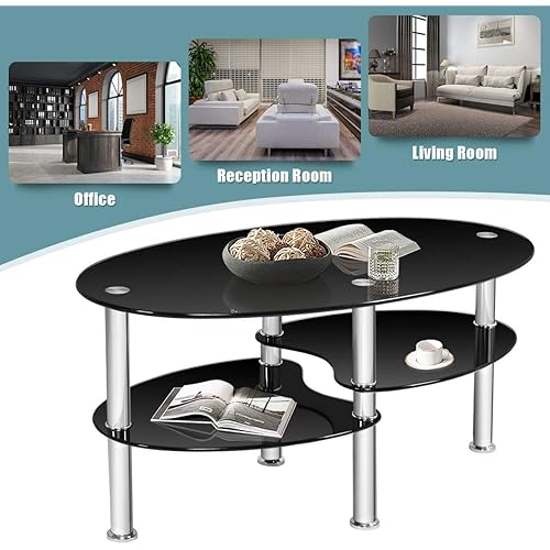 Amazon.com: TOMANOR Black Oval Glass Coffee Table, Small Modern Center ...