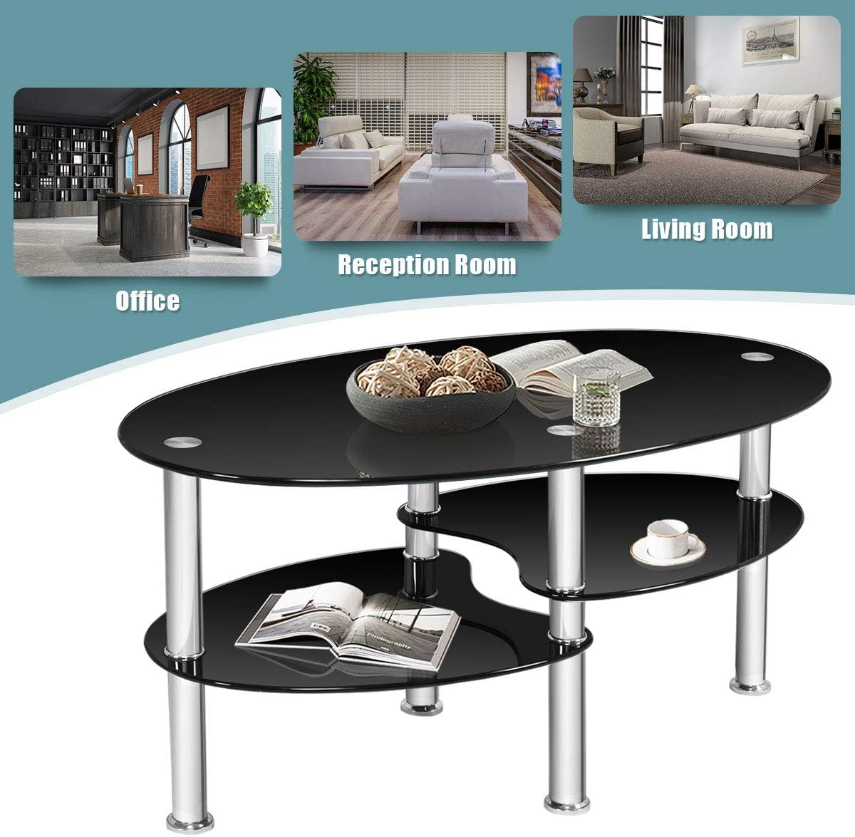Coffee Tables, Tempered Glass Oval Tea Tables with 2 Shelves, Steel Legs Modern 3 Tiers Cocktail Snack Table for Living Room Bedroom Office (Black)