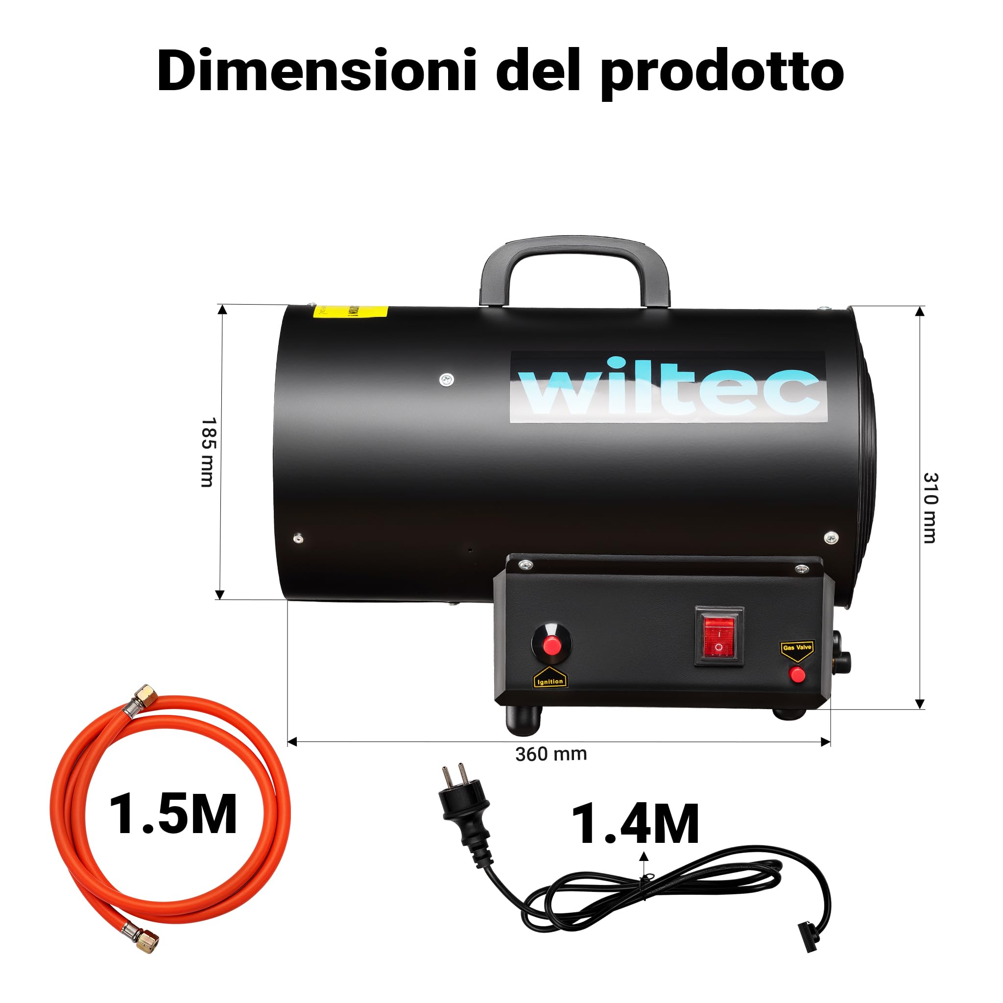Wiltec Cannone aria calda a gas GPL, con avviamento piezoelettrico, regolatore e tubo 1,5 m, Generatore calore