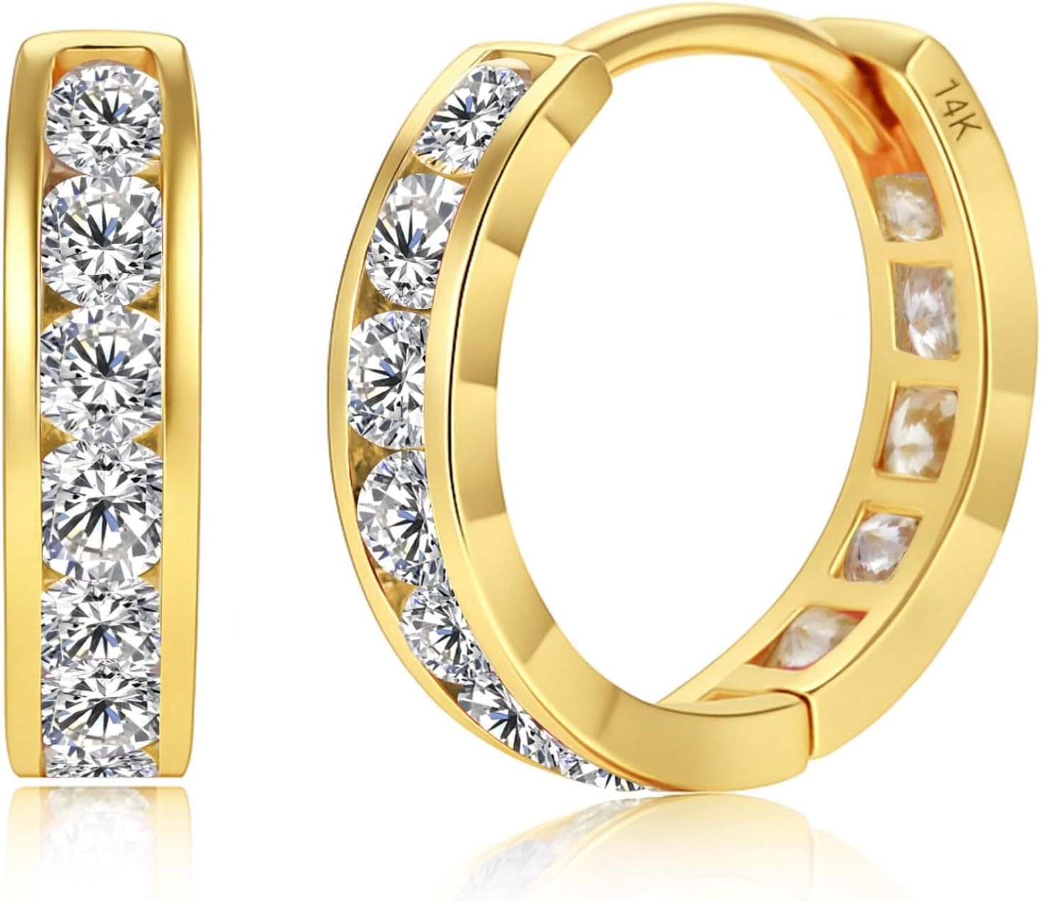 Small Solid 14K Gold Huggie Earrings for Women with White, Pink and Red CZs | Hypoallergenic Cubic Zirconia Hoops with Diamond Cut in 11MM, 14MM and 18MM by MAX + STONE