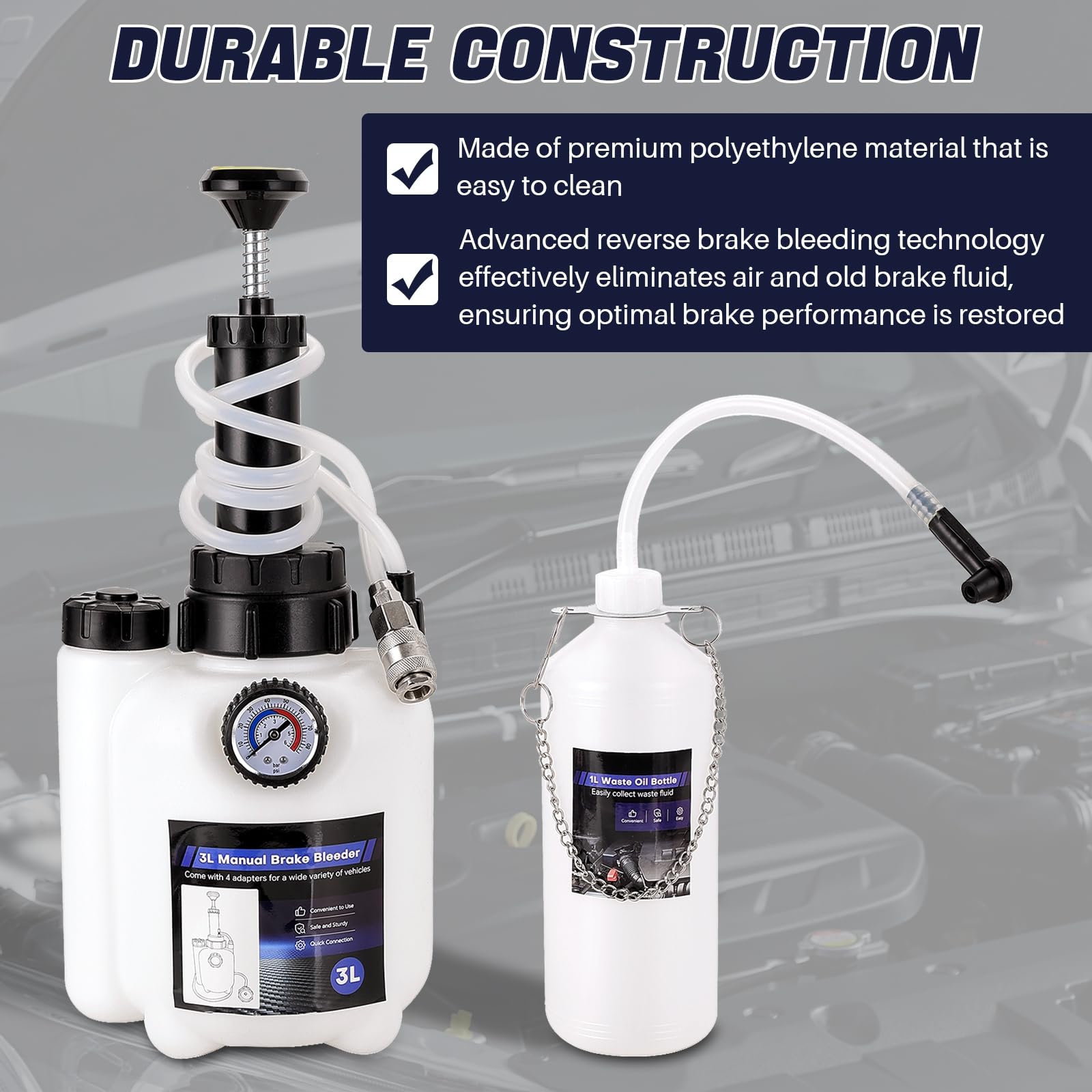 DASBET Kit spurgo freni manuale da 3 l, pompa professionale per lo spurgo dei freni con bottiglia da 1 l e 4 adattatori per cilindro principale, ideale per la manutenzione di freni e frizione sulla