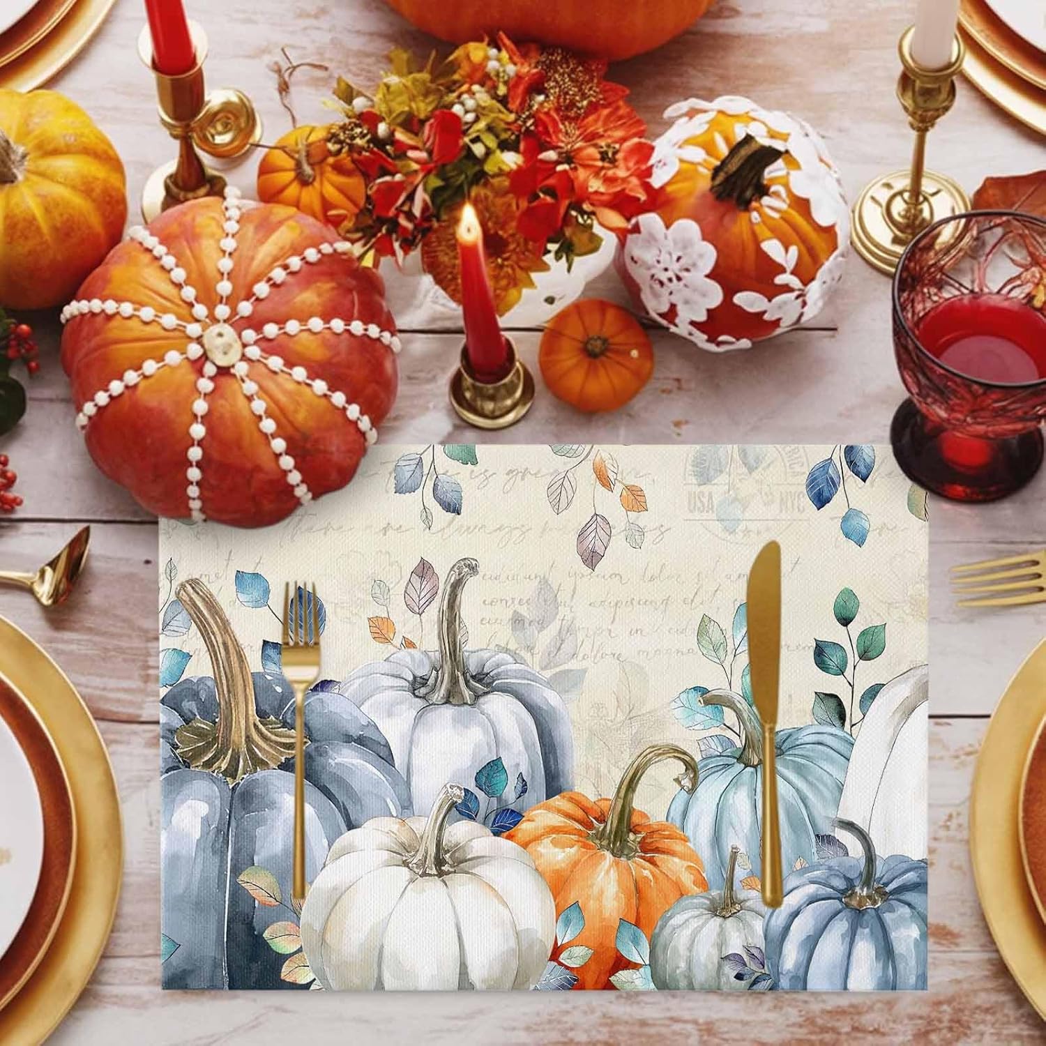 Fall Placemats Set of 6, Blue Pumpkin Placemat for Dining Table Decorations, Cotton Linen Autumn Place Mats, Teal Leaves Table Mats for Kitchen Dinner Harvest Thanksgiving Holiday Party Decor