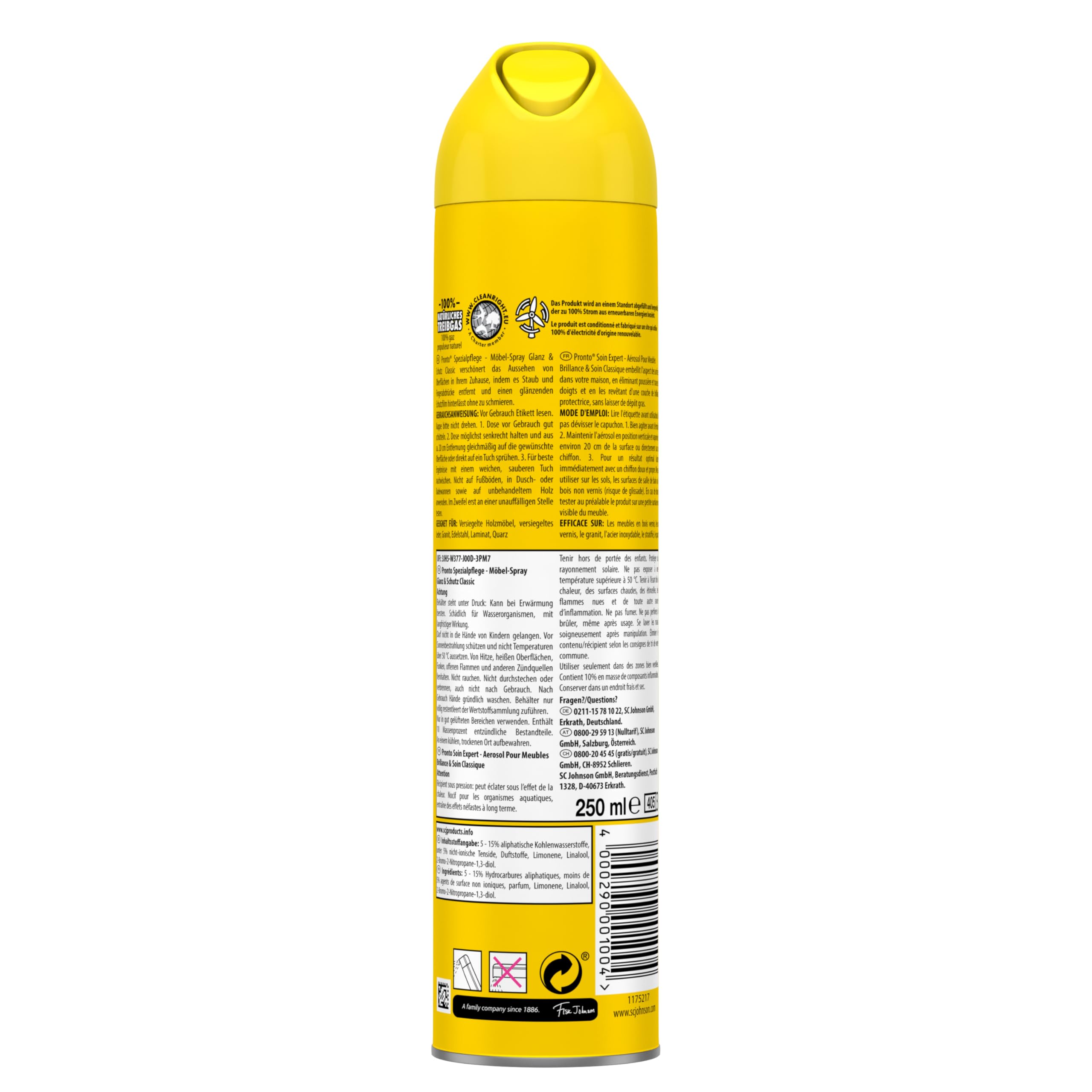Pronto Glanz-Pflege Classic für alle Holzflächen, Holzpflege, Oberflächenreiniger für Möbel, 1er Pack (1 x 250 ml) – Ansicht 2
